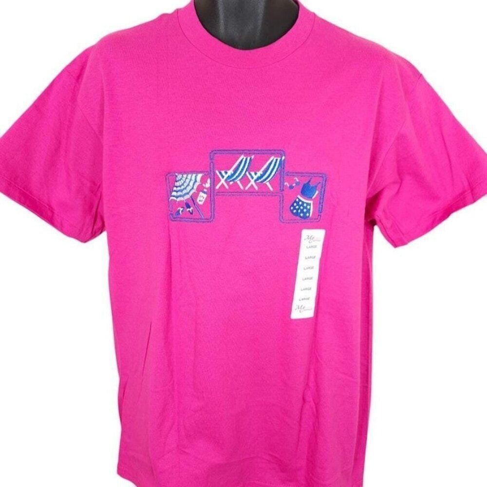 Vintage Beach T Shirt Mens Size Large Pink 90s Vacation Embroidered Made In USA